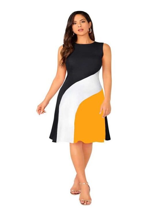 Miss Rare  Women Skater Black, White, Yellow Dress