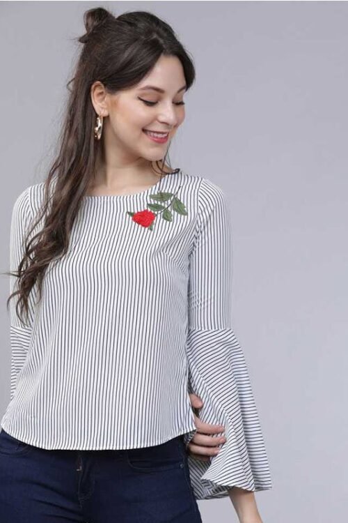 Casual Bell Sleeve Embroidered Women Multicolor Top