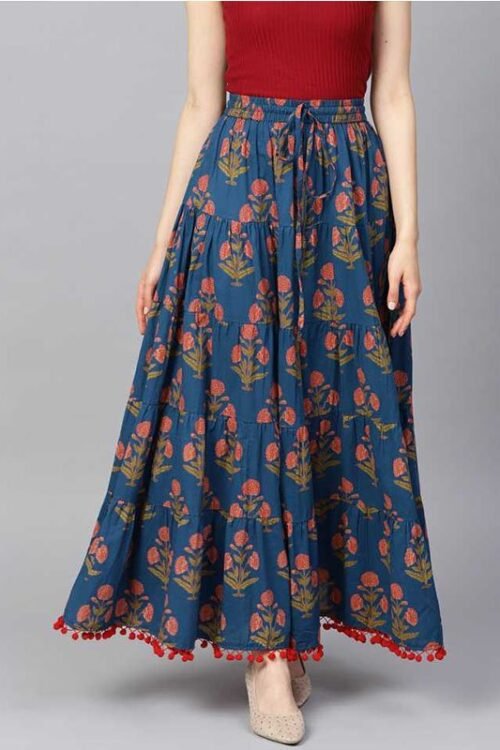 Vara Women Floral Print Flared Blue Skirt