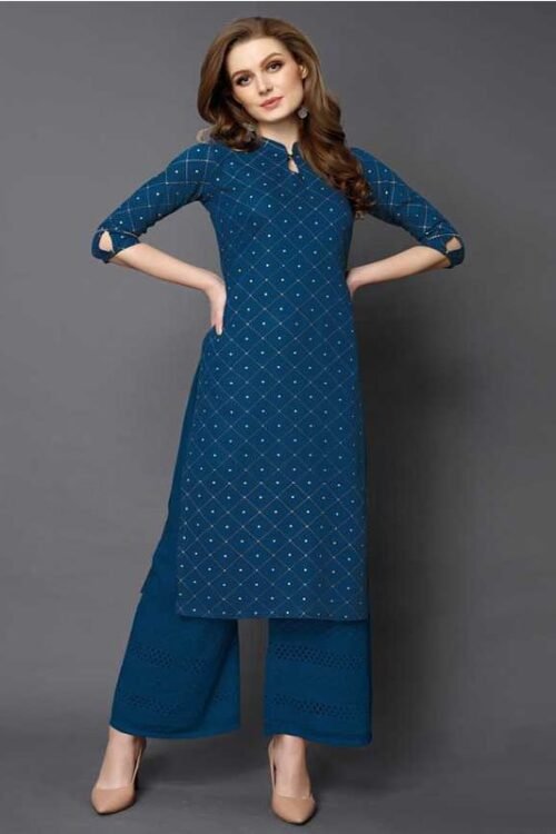 Saras Women Printed Rayon Straight Kurta  (Dark Blue)