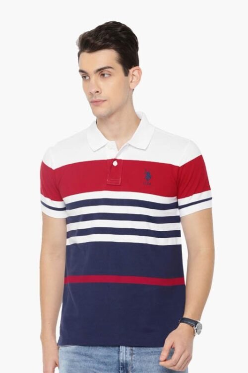 Men White & Navy Blue Striped Polo T-shirt