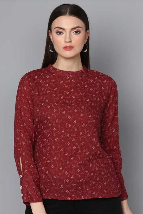 Casual Full Sleeve Floral Print Women Maroon Top