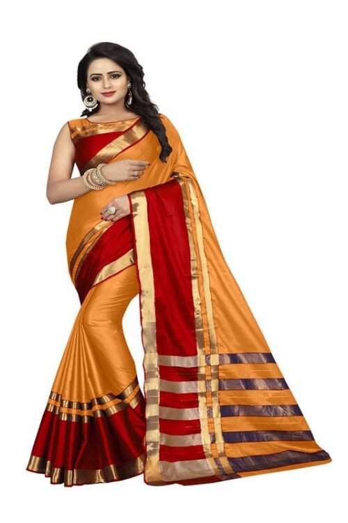 Striped Dharmavaram Cotton Silk Saree  (Mustard)
