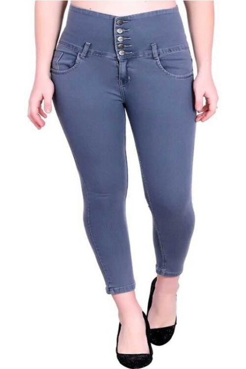 Button Stretchable Ankle Length Denim Lycra Slim Women Grey Jeans